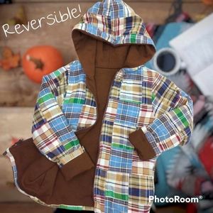 Kelly's Kids reversible jacket coat madras plaid brown sz 7/8 euc boys fall